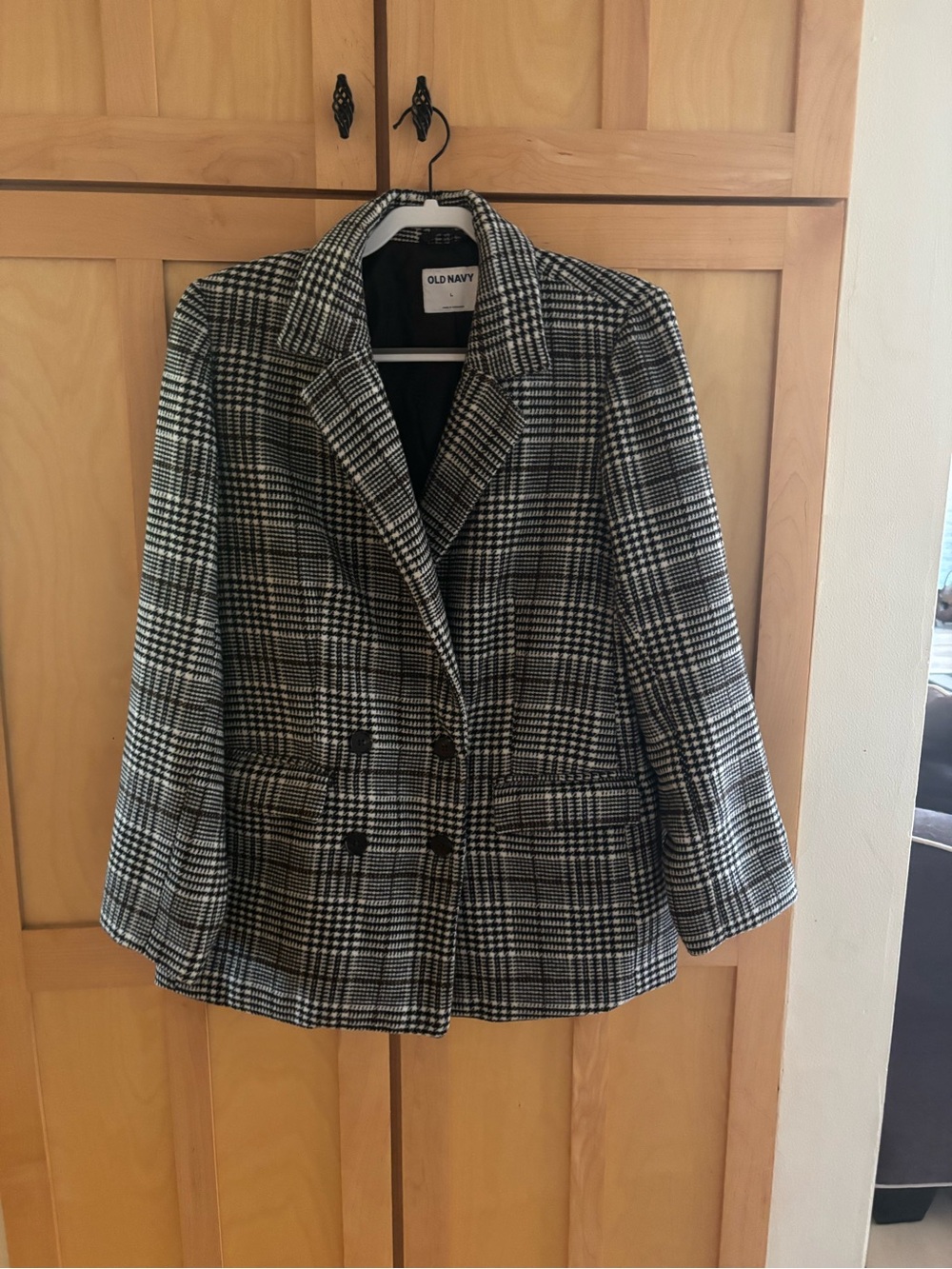 Old Navy Black and White Plaid Double-Breasted Blazer